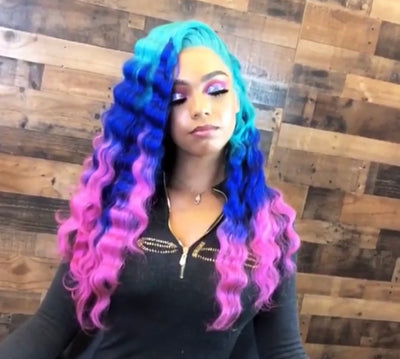 Turquoise, Blue, and Pink Wig in Deep Wave - Hair By Akoni