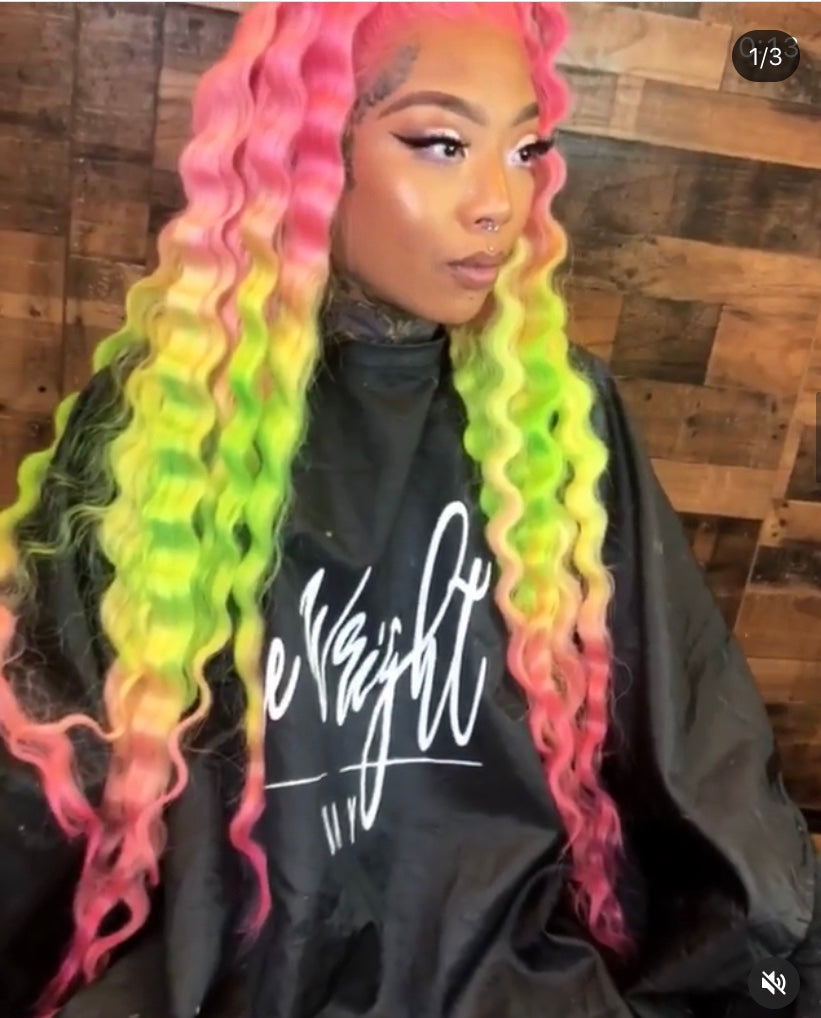 Pink, LIme Green, PInk Wig in Deep Wave - Hair By Akoni